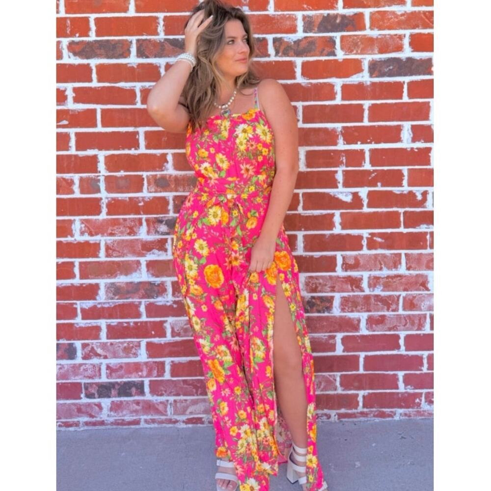 NEW Haute Monde Fuchsia Boutique Floral Palazzo Jumpsuit Wrap Tie Wide Leg Large